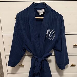 Navy Blue Waffle Knit Robe with Monogram
